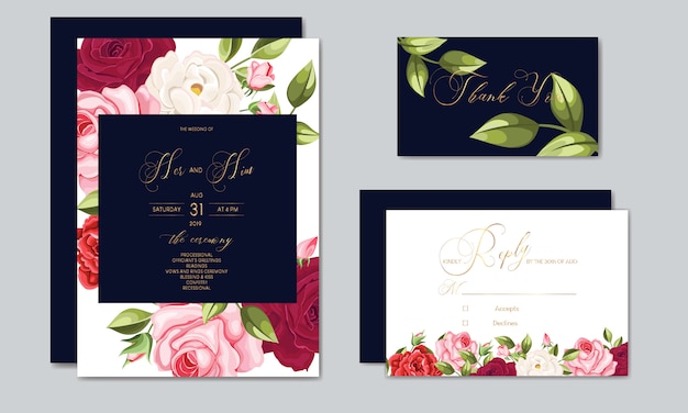 Plantilla de tarjeta de invitación de boda hermosa con hojas florales