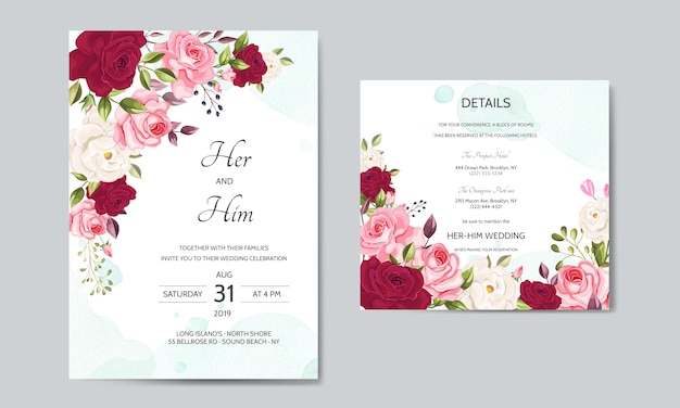 Plantilla de tarjeta de invitación de boda hermosa con hojas florales