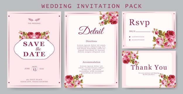 Plantilla de tarjeta de invitación de boda hermosa rosa