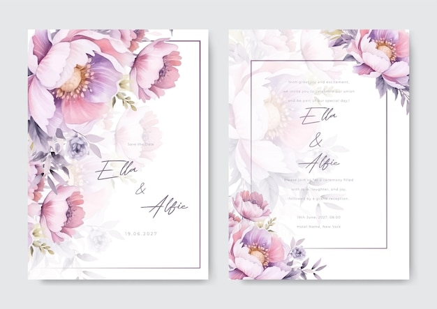 Plantilla de tarjeta de invitación de boda hermosa con rosas blancas y amarillas