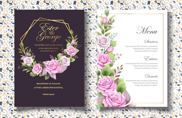 Plantilla de tarjeta de invitación de boda hermosa rosas rosadas