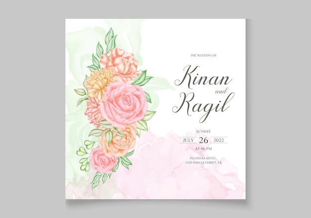 Plantilla de tarjeta de invitación de boda con hermosas flores de colores