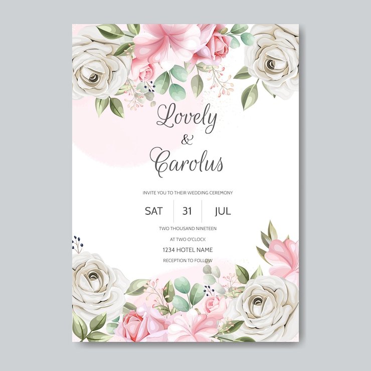 Plantilla de tarjeta de invitación de boda con hermosas flores rosas y hojas