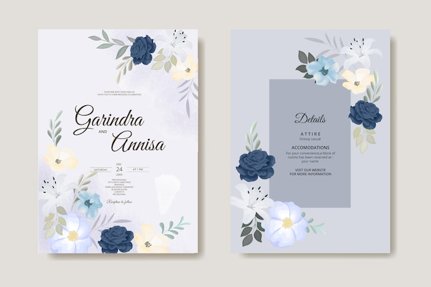 Vector plantilla de tarjeta de invitación de boda con hermosas hojas florales coloridas vector premium