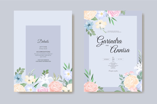 Vector plantilla de tarjeta de invitación de boda con hermosas hojas florales coloridas vector premium