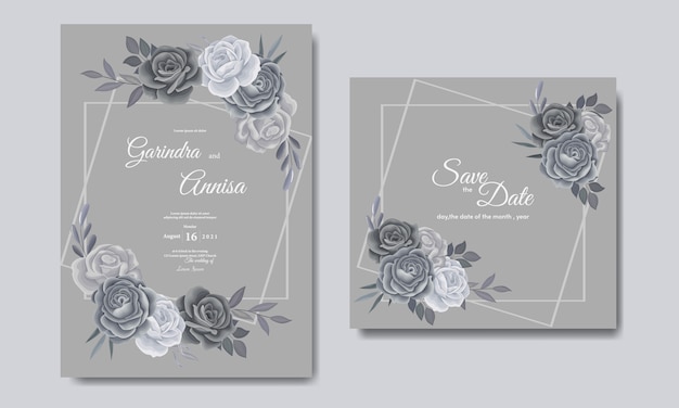 Plantilla de tarjeta de invitación de boda con hermosas hojas florales grises