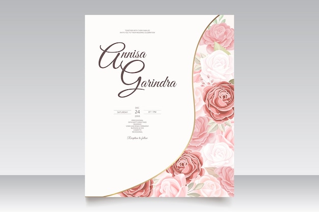 Plantilla de tarjeta de invitación de boda con hermosas hojas florales vector premium