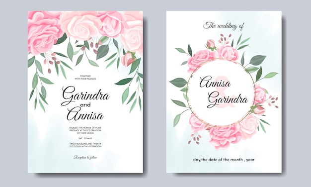 Plantilla de tarjeta de invitación de boda con hermosas hojas florales