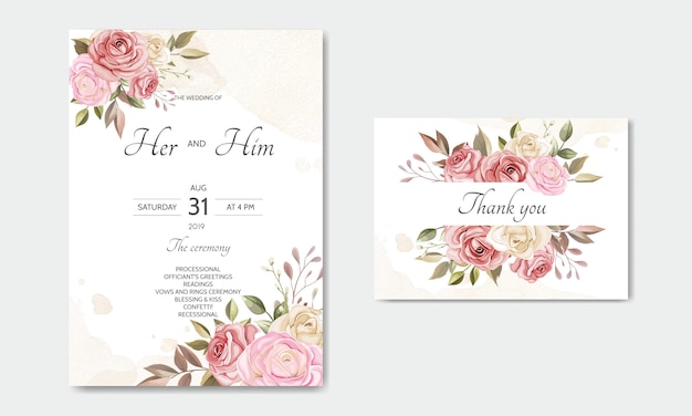 Plantilla de tarjeta de invitación de boda con hermosas hojas florales