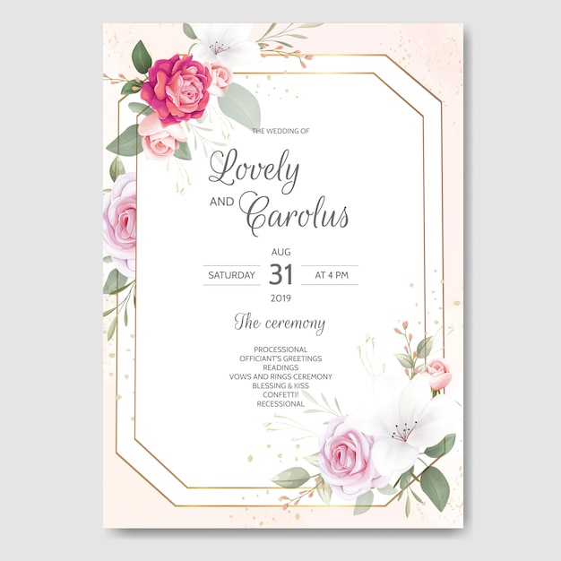 Plantilla de tarjeta de invitación de boda con hermosas hojas florales