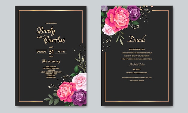 Plantilla de tarjeta de invitación de boda con hermosas hojas florales