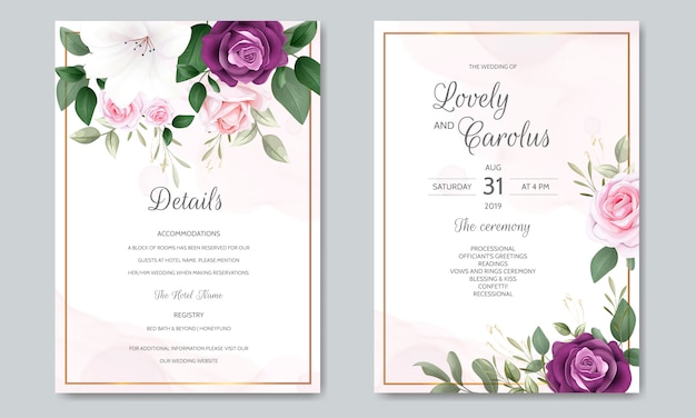 Plantilla de tarjeta de invitación de boda con hermosas hojas florales