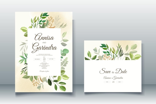 Plantilla de tarjeta de invitación de boda con hermosas hojas Vector Premium