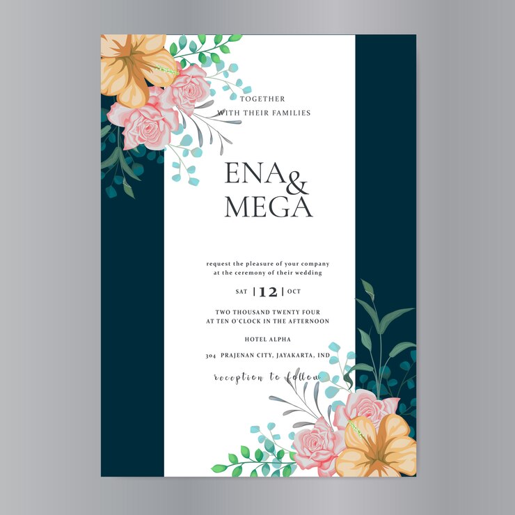 Plantilla de tarjeta de invitación de boda con hermosas rosas