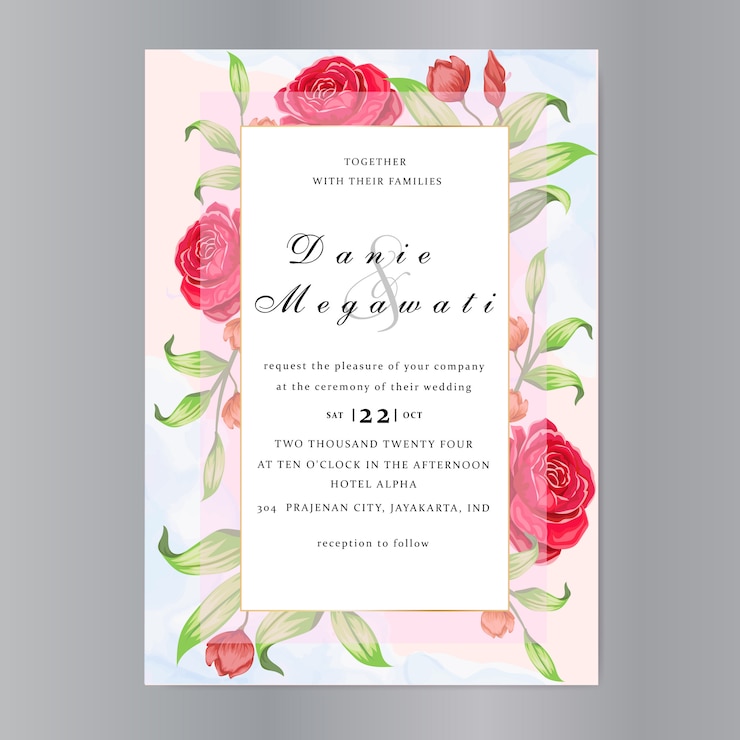 Plantilla de tarjeta de invitación de boda con hermosas rosas