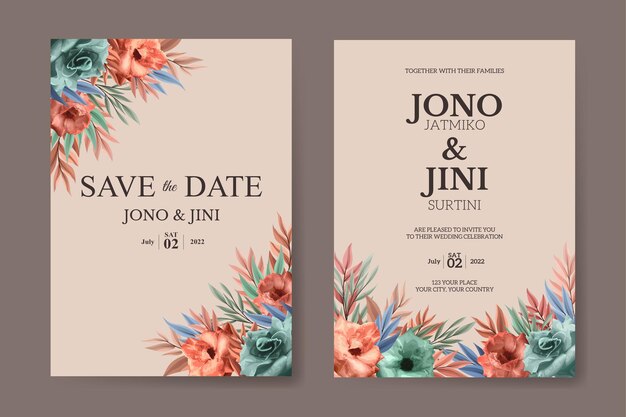 Plantilla de tarjeta de invitación de boda con hermoso conjunto de flores rosas