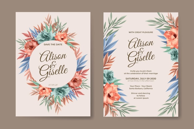 Plantilla de tarjeta de invitación de boda con hermoso conjunto de flores rosas