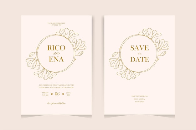 plantilla de tarjeta de invitación de boda con un hermoso contorno de flores de color dorado