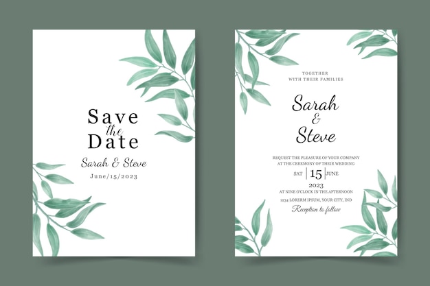 Plantilla de tarjeta de invitación de boda. hermoso fondo de hojas de acuarela