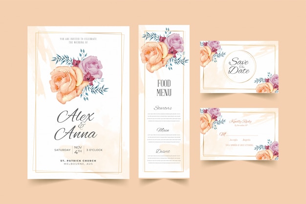 Plantilla de tarjeta de invitación de boda hermoso marco floral melocotón