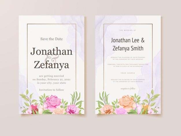 Plantilla de tarjeta de invitación de boda con hermoso vector floral