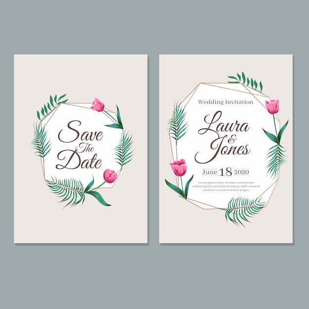 Plantilla de tarjeta de invitación de boda, con hojas y fondo floral