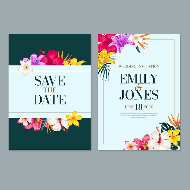 Plantilla de tarjeta de invitación de boda, con hojas y fondo floral