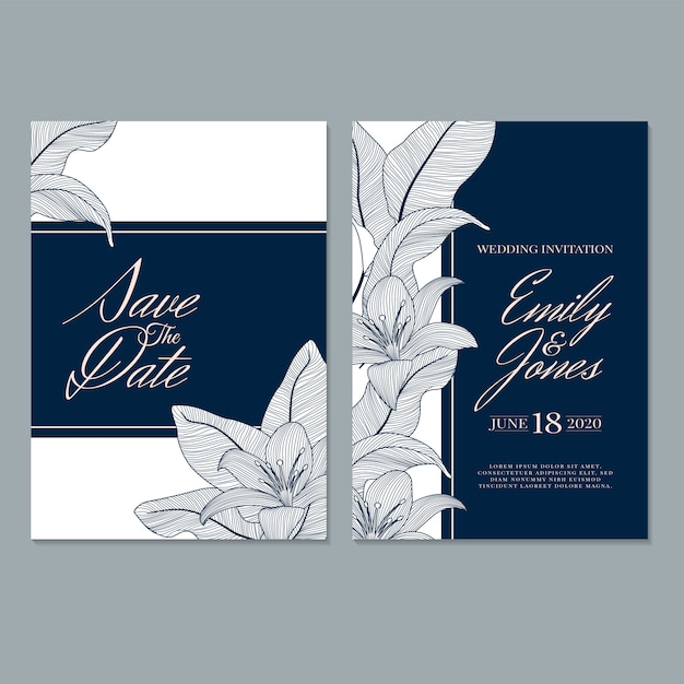 Plantilla de tarjeta de invitación de boda, con hojas y fondo floral