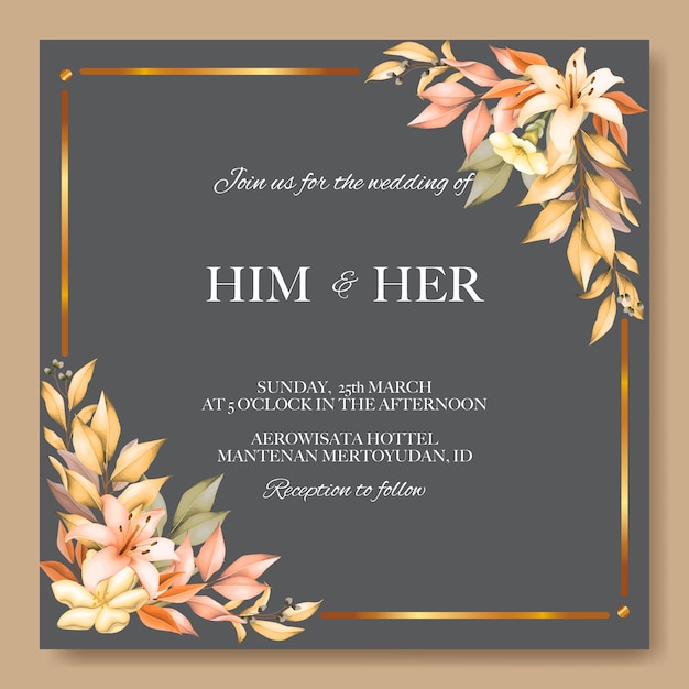 Plantilla de tarjeta de invitación de boda con hojas de otoño