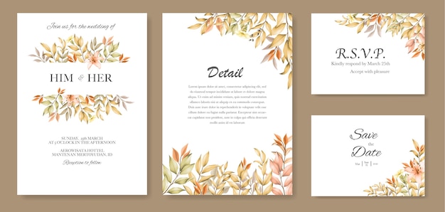 Plantilla de tarjeta de invitación de boda con hojas de otoño