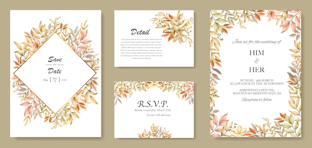 Plantilla de tarjeta de invitación de boda con hojas de otoño