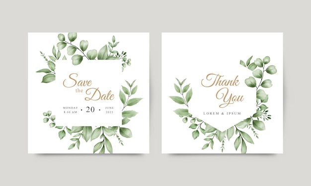 Vector plantilla de tarjeta de invitación de boda con hojas verdes acuarelas