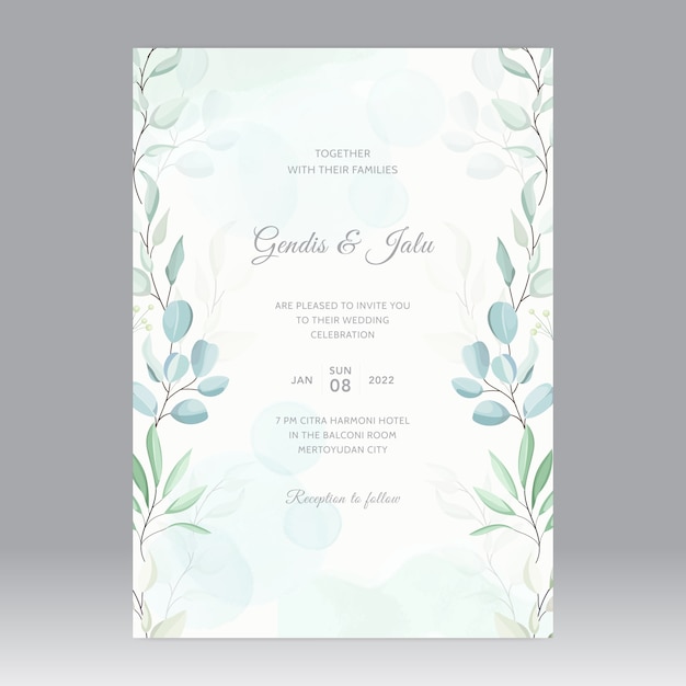 Plantilla de tarjeta de invitación de boda hojas verdes suaves