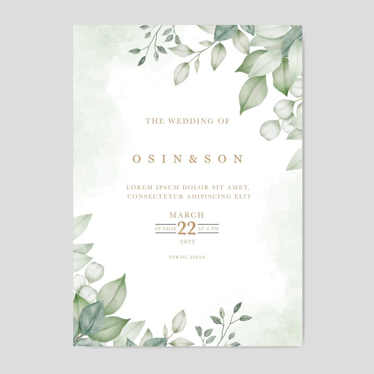 Vector plantilla de tarjeta de invitación de boda con hojas verdes