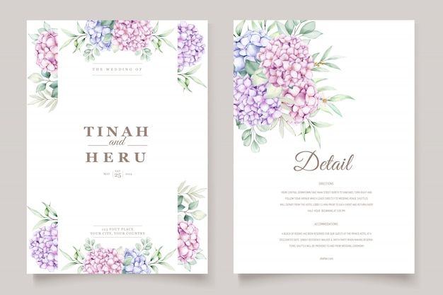 Plantilla de tarjeta de invitación de boda de hortensias acuarela