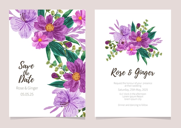 Plantilla de tarjeta de invitación de boda de ilustración acuarela de flor púrpura