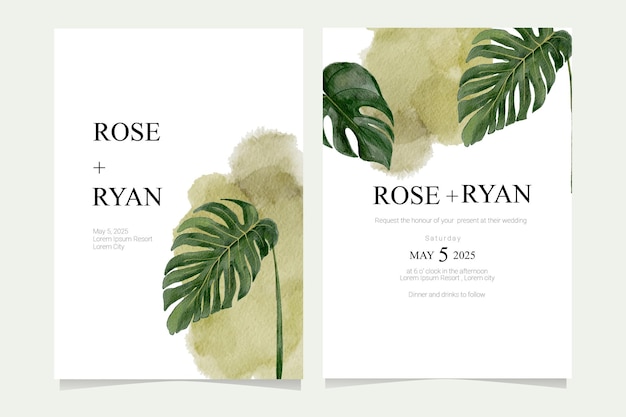 Vector plantilla de tarjeta de invitación de boda con ilustración de acuarela de hoja tropical