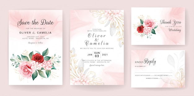 Plantilla de tarjeta de invitación de boda de lujo con adornos florales dorados de acuarela y brillo.