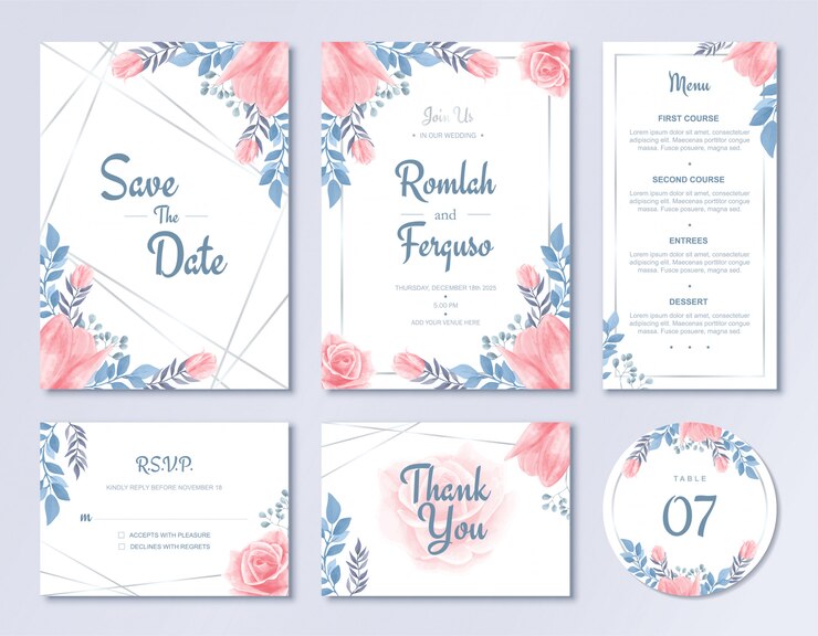 Plantilla de tarjeta de invitación de boda de lujo Conjunto Acuarela Flores estilo floral con menú de rsvp y número de mesa