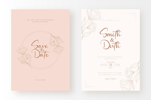 Plantilla de tarjeta de invitación de boda de lujo y mínima con ilustración de corona floral de estilo de arte lineal