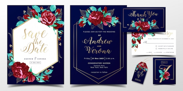 Plantilla de tarjeta de invitación de boda de lujo en tema de color azul oscuro con decoración de acuarela de rosas rojas