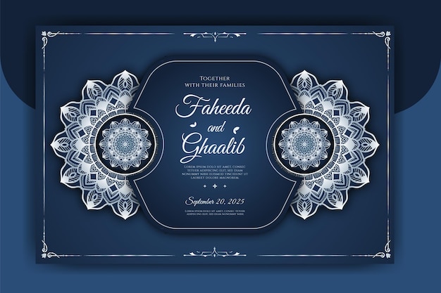 Plantilla de tarjeta de invitación de boda Mandala de lujo con patrón arabesco fondo islámico árabe