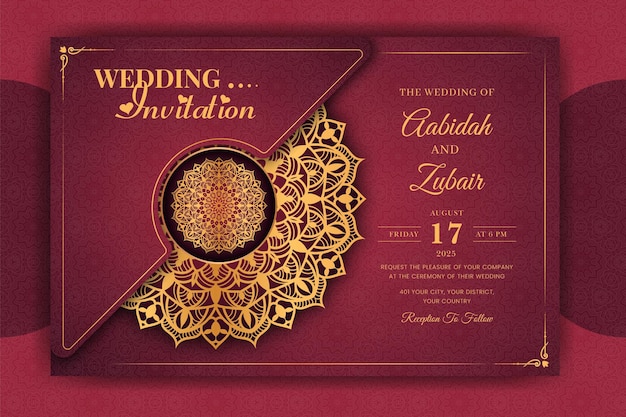 Plantilla de tarjeta de invitación de boda Mandala de lujo con patrón arabesco fondo islámico árabe