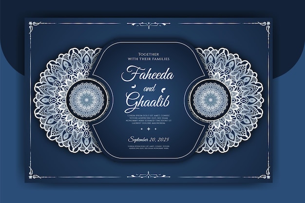 Plantilla de tarjeta de invitación de boda Mandala de lujo con patrón arabesco fondo islámico árabe