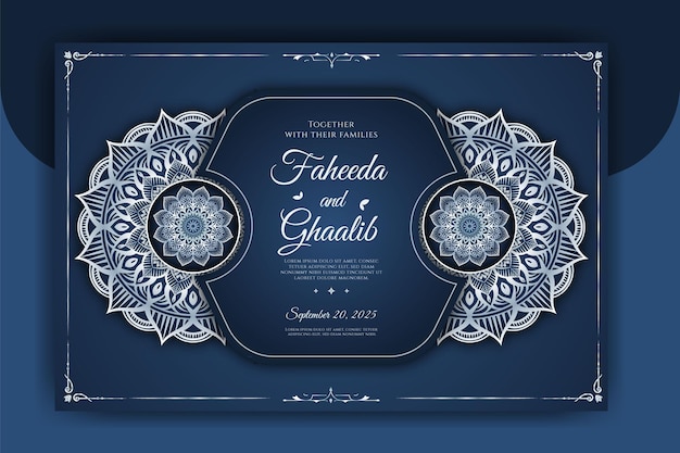 Plantilla de tarjeta de invitación de boda Mandala de lujo con patrón arabesco fondo islámico árabe