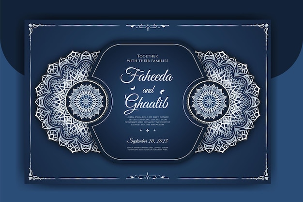 Plantilla de tarjeta de invitación de boda Mandala de lujo con patrón arabesco fondo islámico árabe