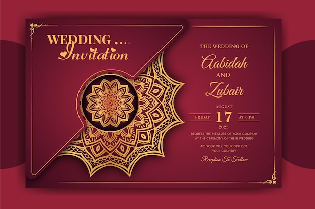 Plantilla de tarjeta de invitación de boda Mandala de lujo con patrón arabesco fondo islámico árabe