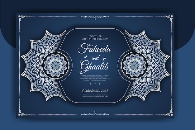 Plantilla de tarjeta de invitación de boda Mandala de lujo con patrón arabesco fondo islámico árabe