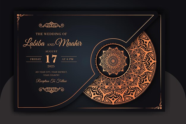 Plantilla de tarjeta de invitación de boda Mandala de lujo con patrón arabesco fondo islámico árabe