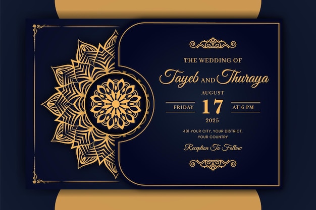 Plantilla de tarjeta de invitación de boda mandala de lujo con patrón arabesco fondo islámico árabe